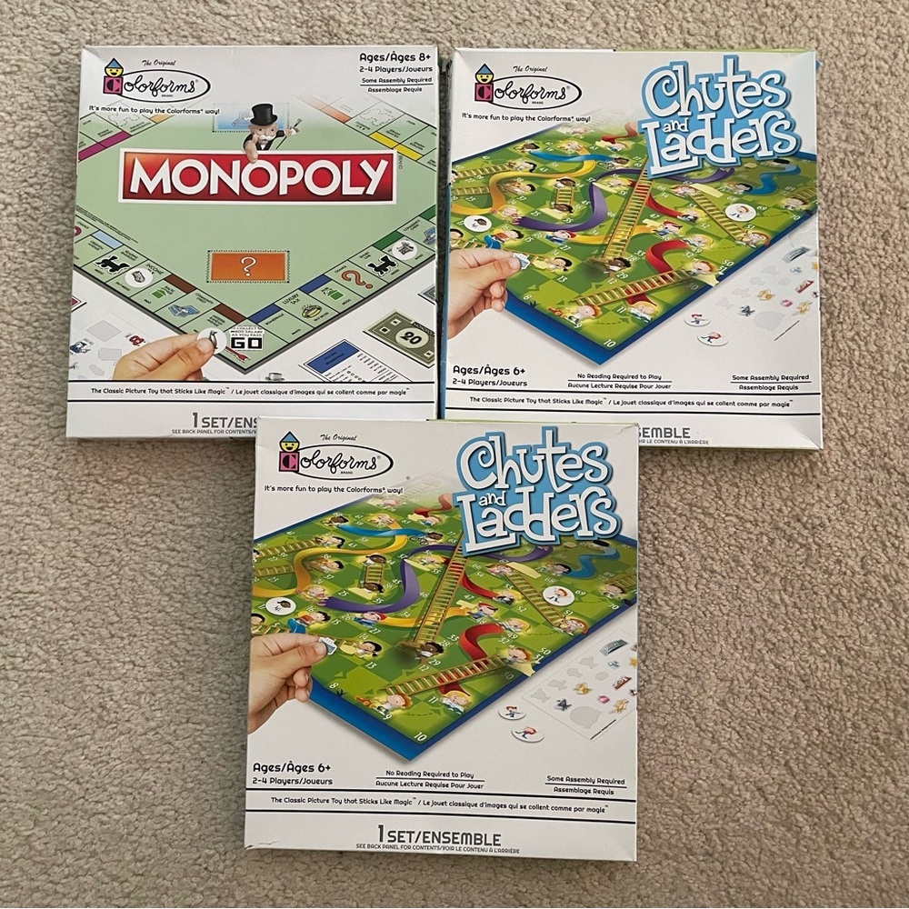 Colorforms  2 Chutes and Ladders Game and 1 Monopoly Game cardboard game